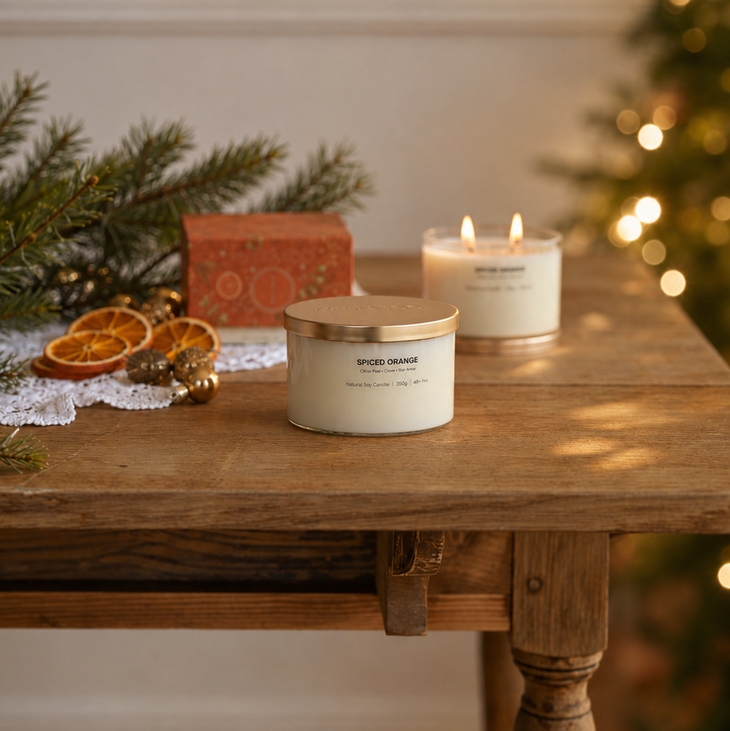 Two white candles, one unlit in a glass jar and one lit in a white jar with a gold lid, styled on a rustic wooden table with pine branches, dried orange slices, and a small red box, with a blurred Christmas tree in the background.