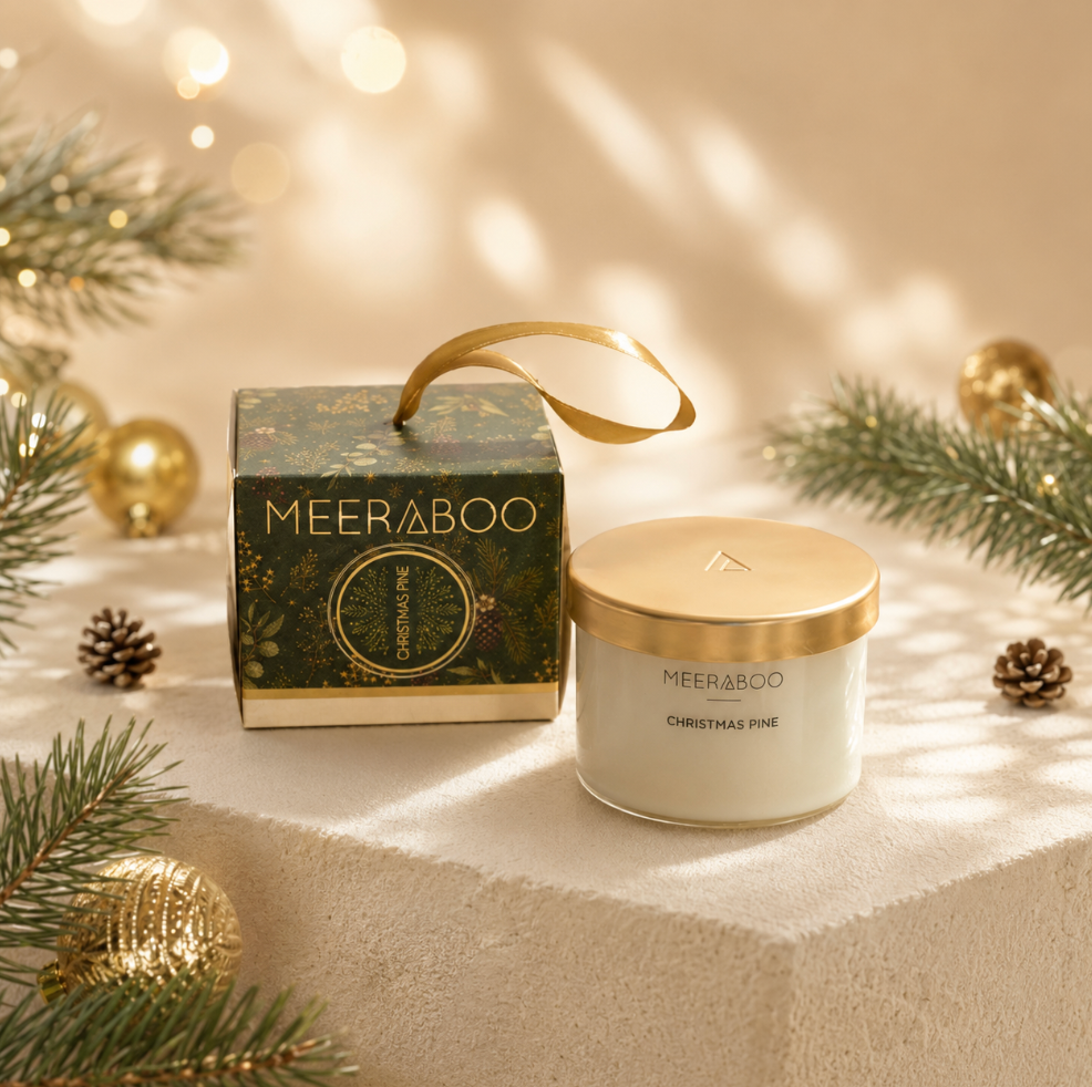 A MEERABOO Christmas Pine candle in a white glass jar with a gold lid sits next to its decorative green and gold gift box on a warm beige surface, surrounded by pine branches, gold ornaments, and soft holiday bokeh.