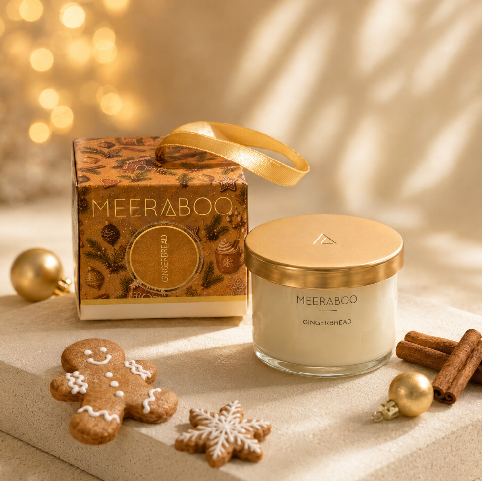 A MEERA Boo candle in a clear glass jar with a gold lid sits beside its patterned gift box on a warm beige surface. The scene is styled with holiday props including a gingerbread cookie, a snowflake decoration, cinnamon sticks, gold ornaments, and soft blurred lights in the background.