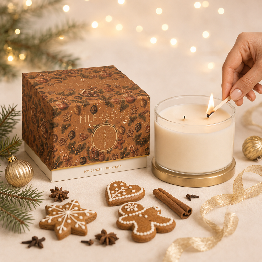 A festive holiday candle set styled on a light surface with pine branches, gold ornaments, cinnamon sticks, star anise, gingerbread cookies, and a lit candle being held with a match by a hand. The product box reads MEERABOO and SOY CANDLE 40+ hours