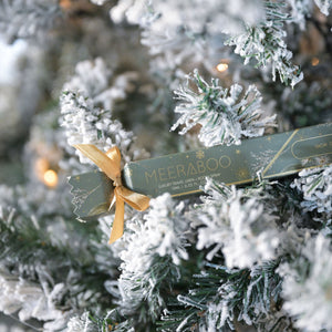 A close-up of a green MEERABOO gift box tied with a gold ribbon, nestled among frosted Christmas tree branches.