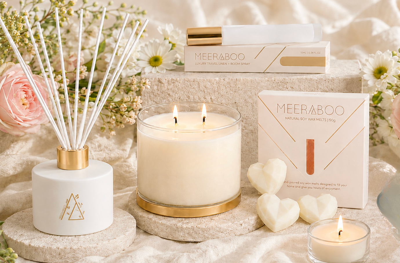 A styled product arrangement featuring a white reed diffuser with gold accents, a lit white candle in a glass jar with a gold base, a boxed candle labeled MEERABOO, a small tealight candle, and three white heart-shaped wax melts on a soft cream fabric backdrop with flowers and stones.