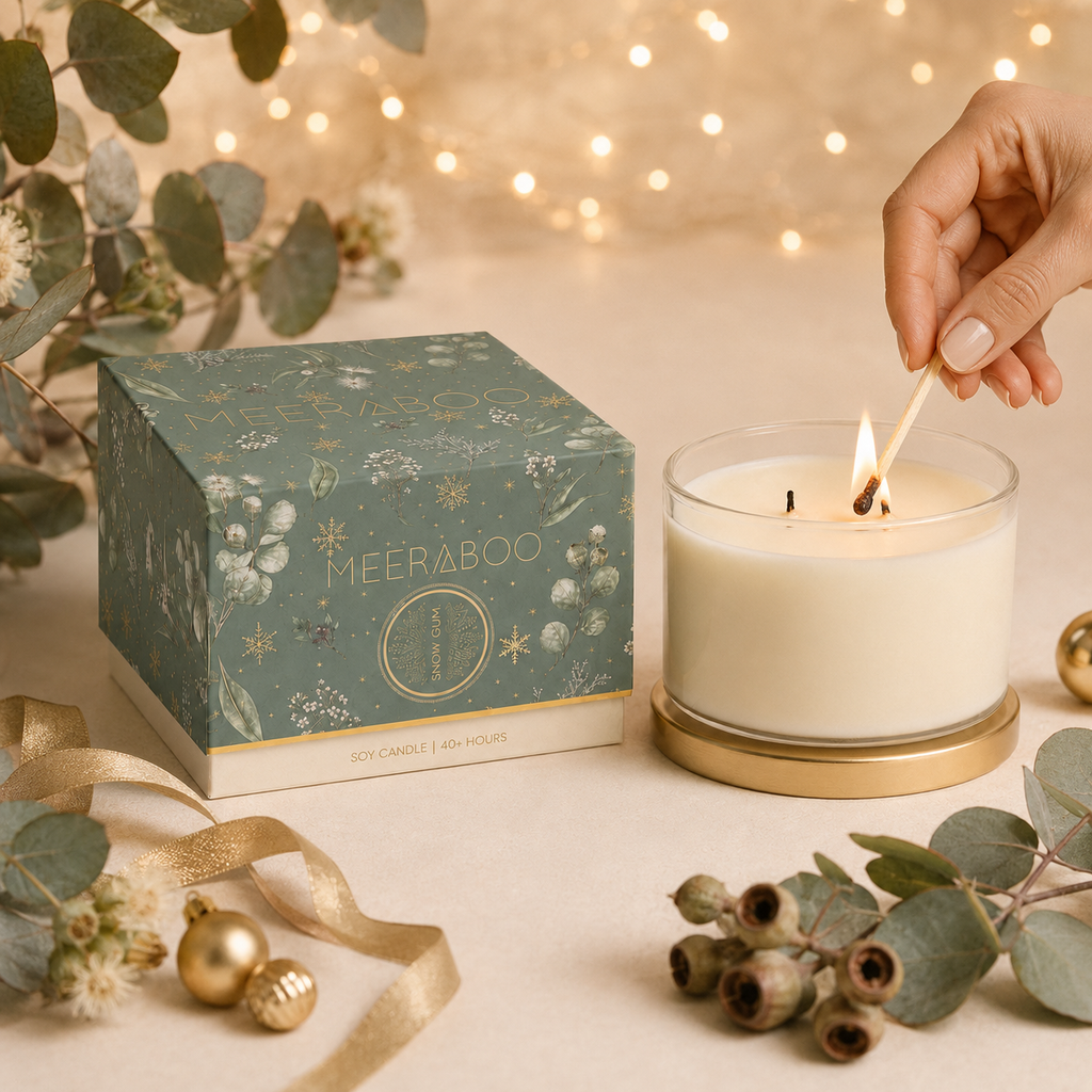 A lit white candle in a clear glass jar with a gold base sits beside its decorative teal and gold box. A hand holds a match above the candle.