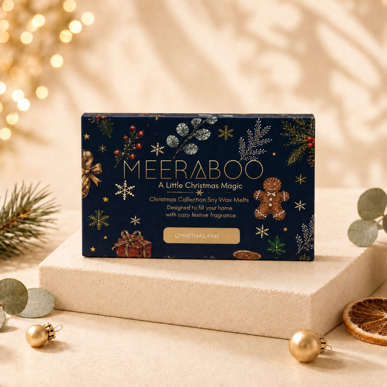 A boxed fragrance product labeled MEERABOO 'A Little Christmas Magic' sits on a beige pedestal. The box is dark navy with gold and multicolor holiday illustrations, including gingerbread men, ornaments, snowflakes, and a gift.
